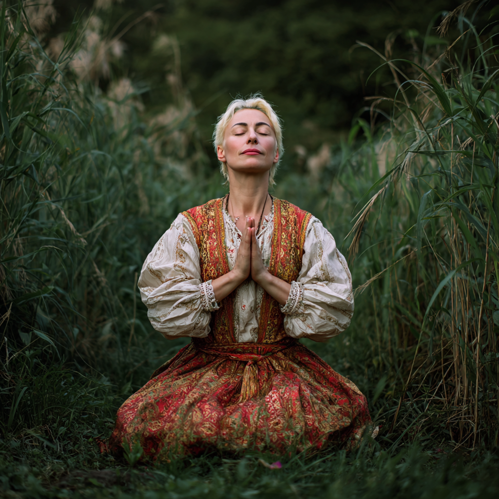 Mosolygós középkorú magyar nő természetes környezetben jógázik